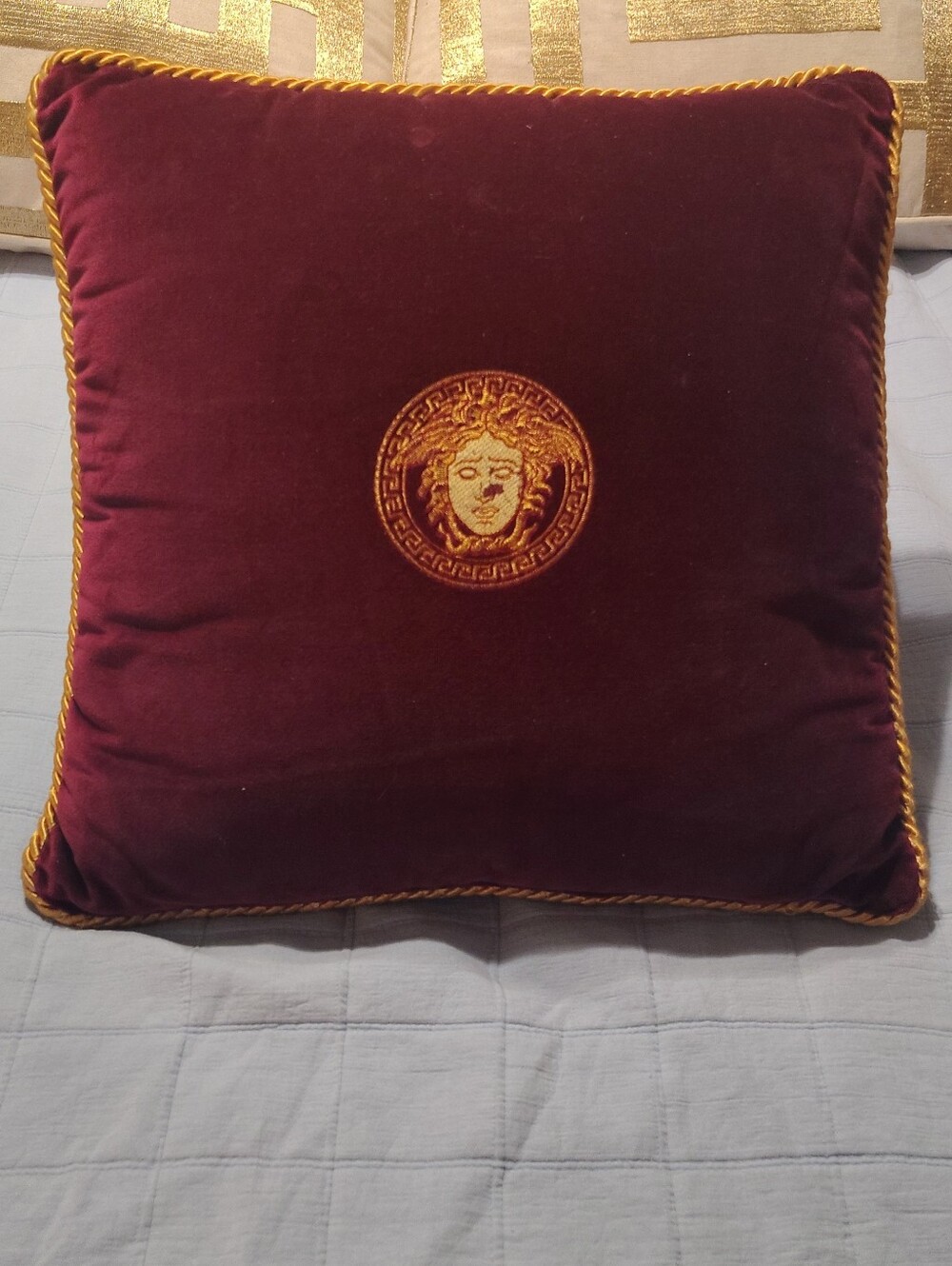 Vintage GianniVersace Burgundy Velvet Pillow with Gold Rope Trim